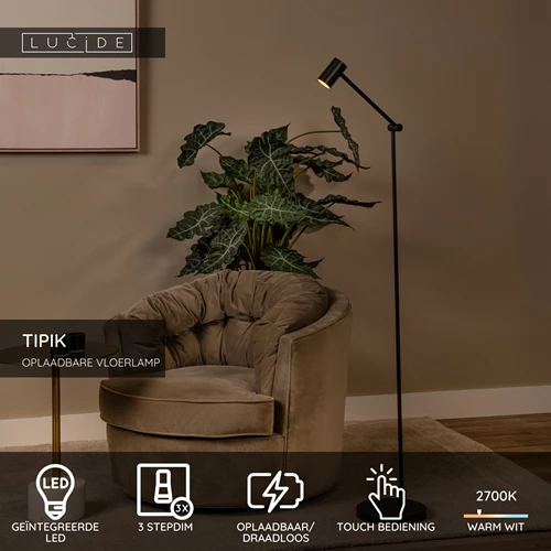 Lucide TIPIK - Oplaadbare Vloerlamp - Accu/Batterij - LED 3 StepDim - 1x3W 2700K - Zwart - USP